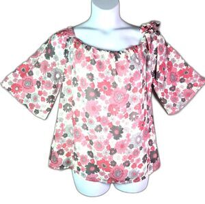 Stile Benetton Blouse Coral Floral L Tie Shoulder Sheer Boho Retro